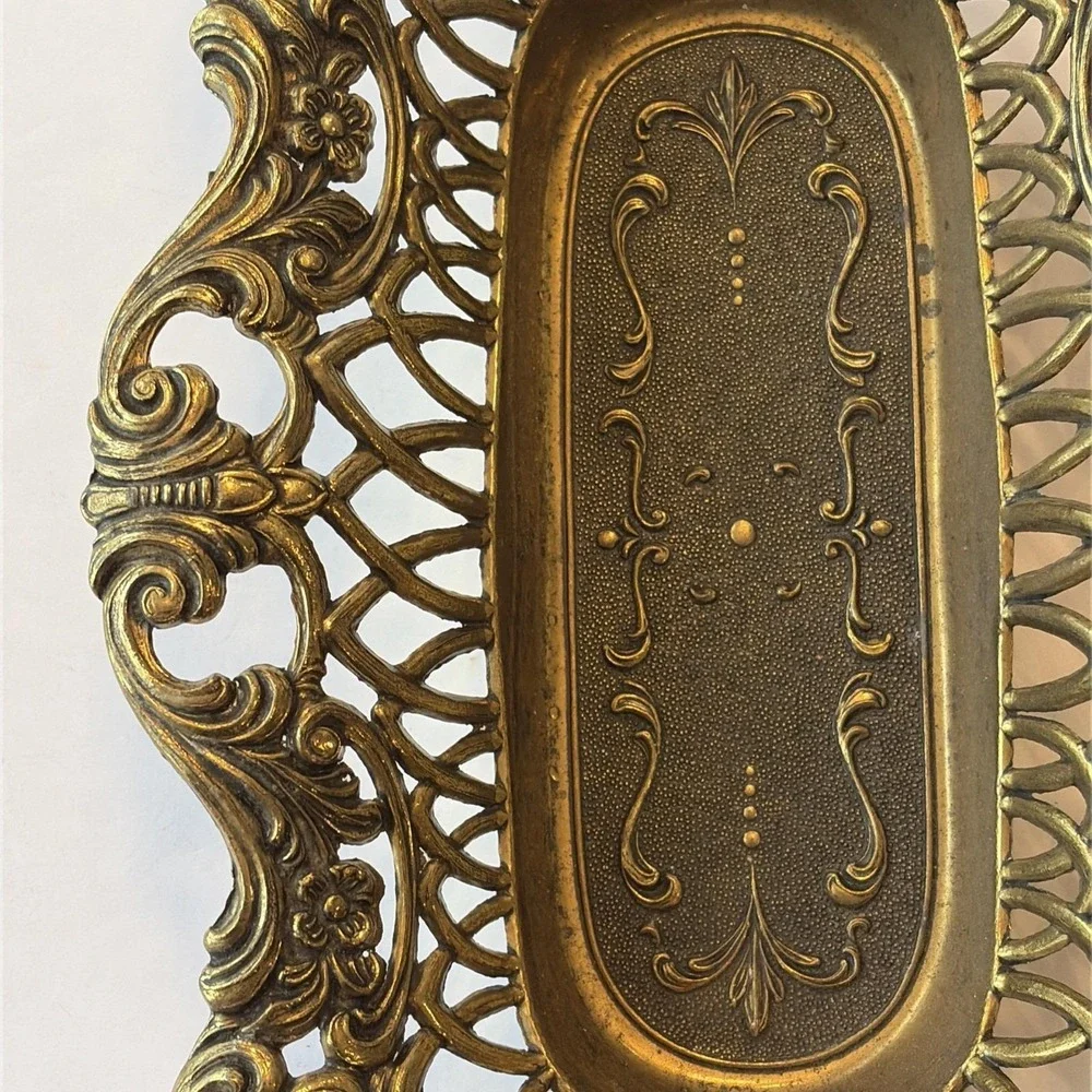 Vintage Italian Ornate Gilt Brass Pierced Footed Vanity Dresser Tray Made Italy